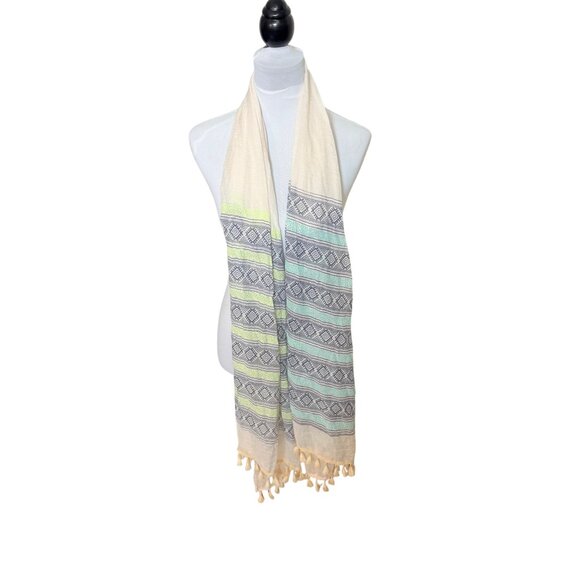 Francescas Lightweight Boho Tassel Scarf Geometric Print Cream Pastel Summer - Picture 14 of 15